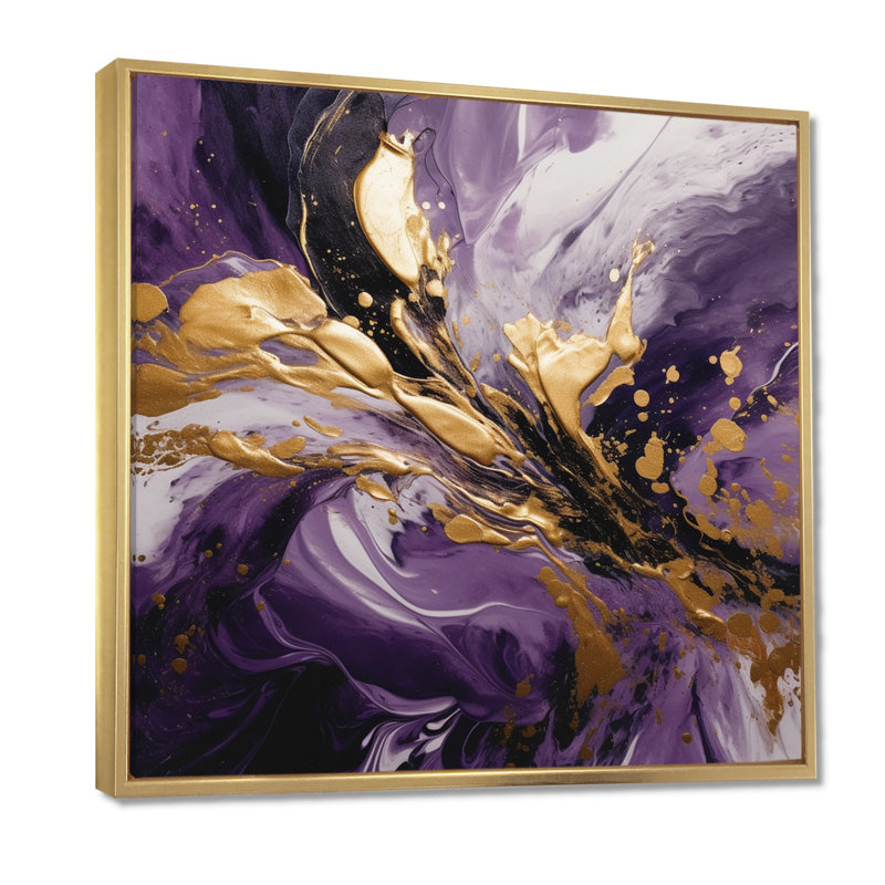 Mauve et or liquide Magic II - art mural abstrait, Doré, Reproduction avec cadre flottant, H 44 po x l 44 po