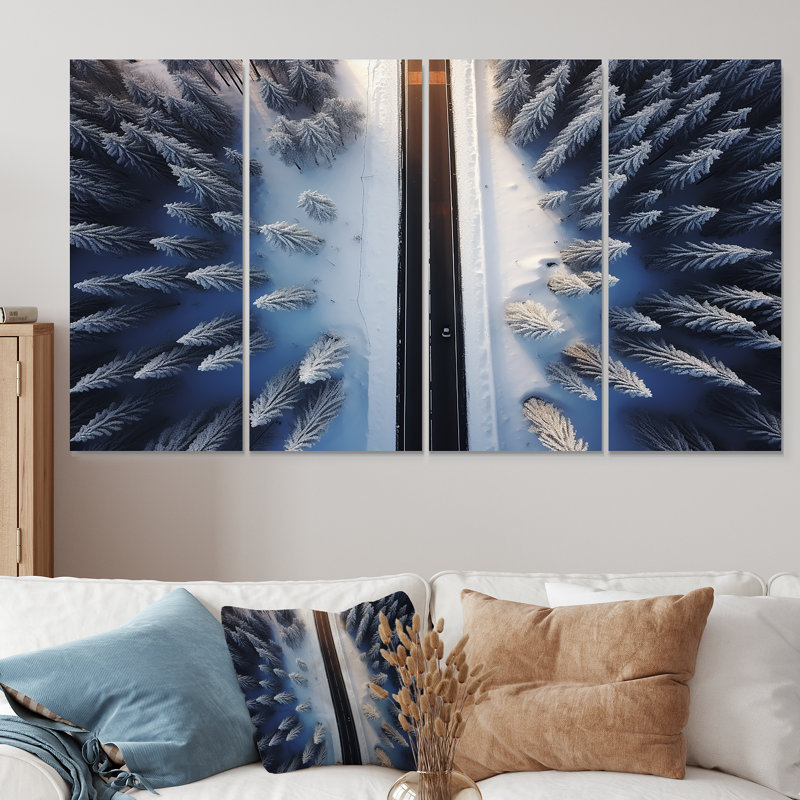 Endless Road Into Winter Forest I - Road, art mural sur toile 4 pièces, H 28 po x l 48 po