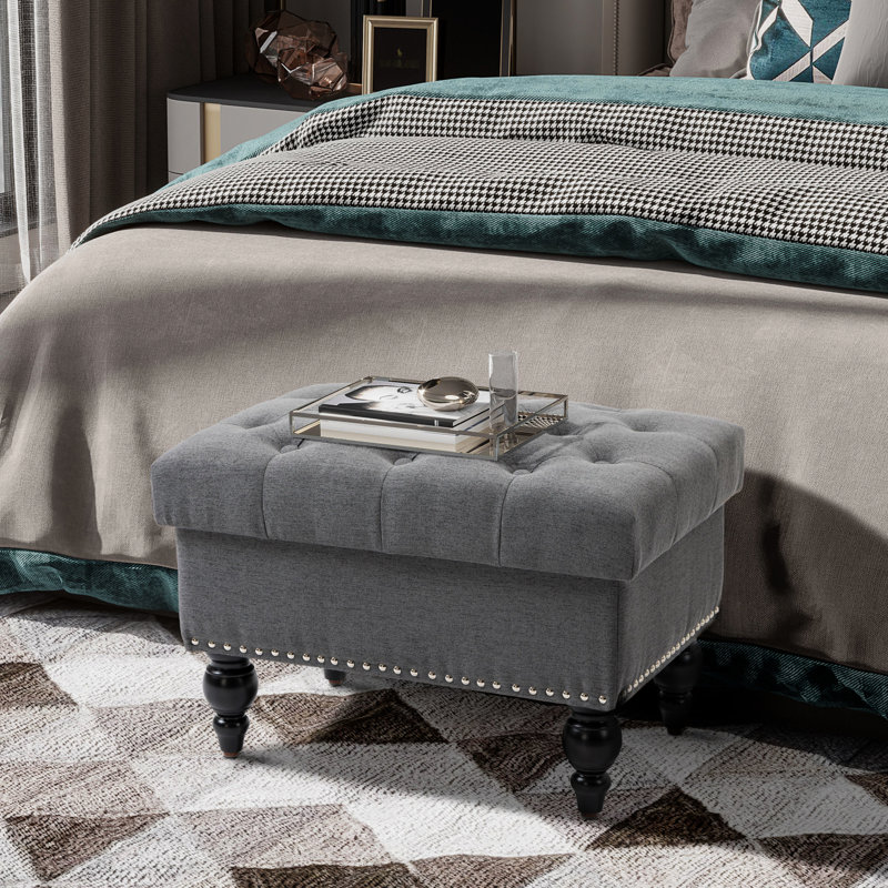 Bouton en lin gris avec couvercle amovible, banc de 25 po pour repose-pieds et siège de salon, garniture cloutée, pieds de rangement en bois attrayants
