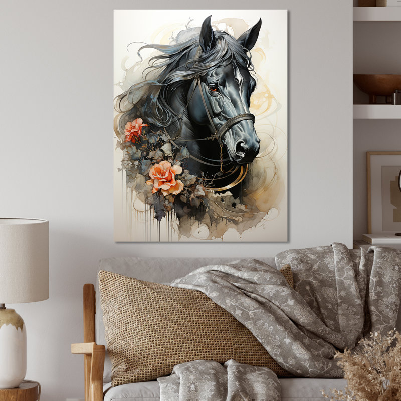 Portrait de cheval floral noir - décoration murale cheval, H 20 po x l 12 po x P 1 po