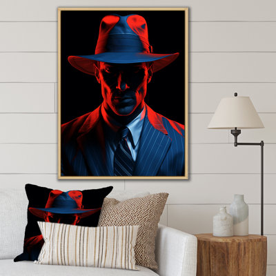 Portrait rouge et bleu d'un homme obscur avec un chapeau sur toile