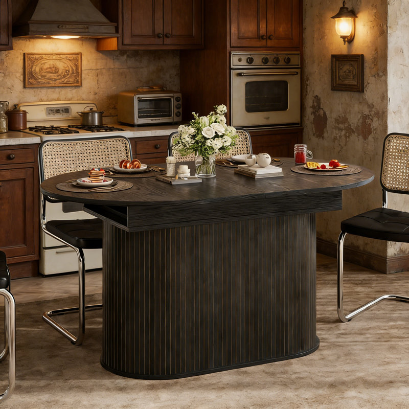 55.11"-70.86" Extendable Dining Table, With Striped Legs For Living Room & Kitchen, Black