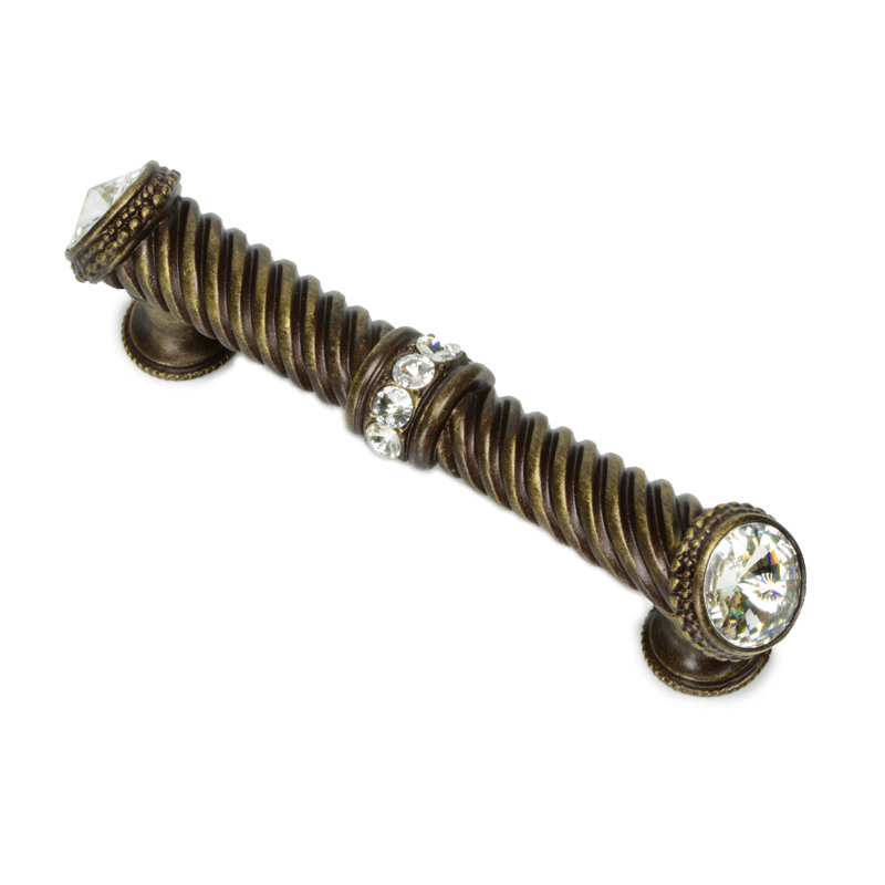 Caché 5 inches c.c. large pull with end & center 7 rivoli Swarovski Clear Crystals in Chalice, 4", Antique Brass