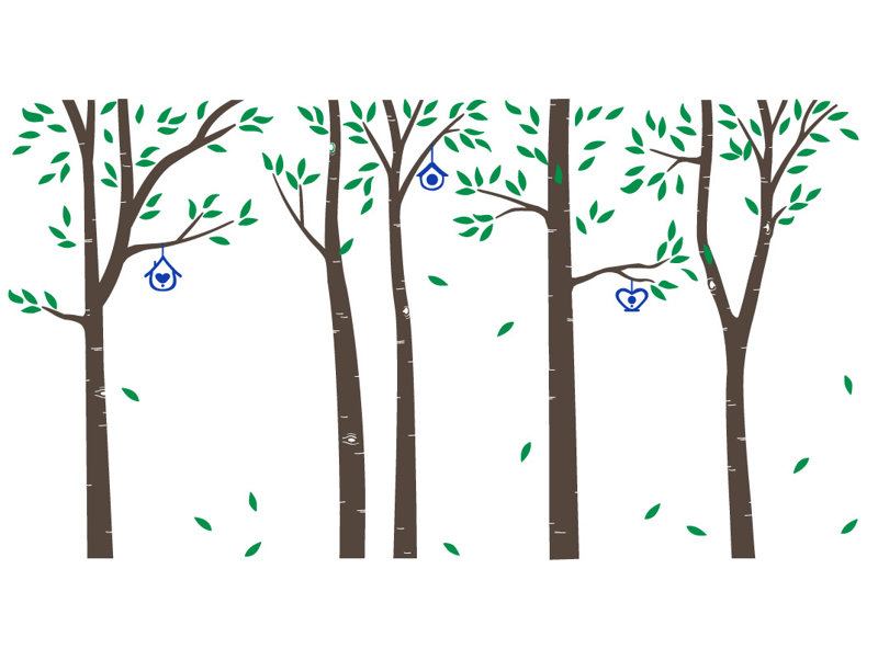 Décalcomanie murale arbres et maisons à oiseau bouleau, Gris / céladon / bleu