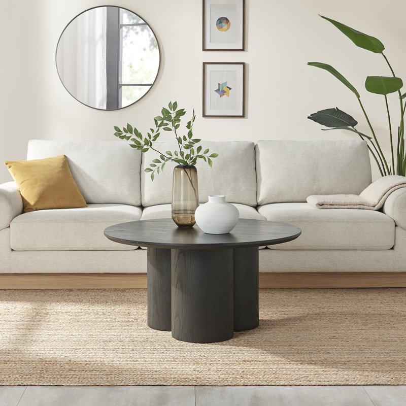 Delshawn Pebble Shaped Pillar Legged Round Veneer Wood Coffee Table - Luxury Scandi Style, Black