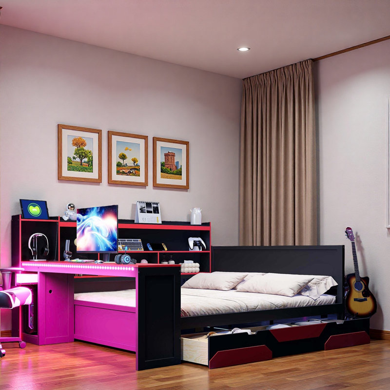 Modern Gaming Daybed With Integrated Desk, Light Strips, Built-in Charging Station, 3 Storage Drawers And Storage Shelves