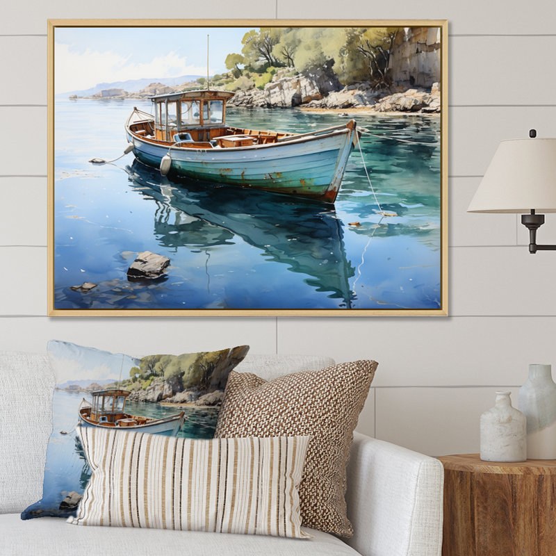 Bateau ancré III - impression, 24" H x 32" W, Cadre flottant brun