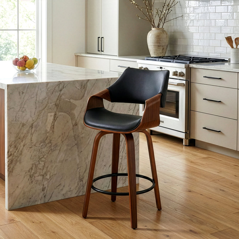 Lyllian Swivel Upholstered Counter Stool, Counter Stool (25” Seat Height), Black/Brown Wood
