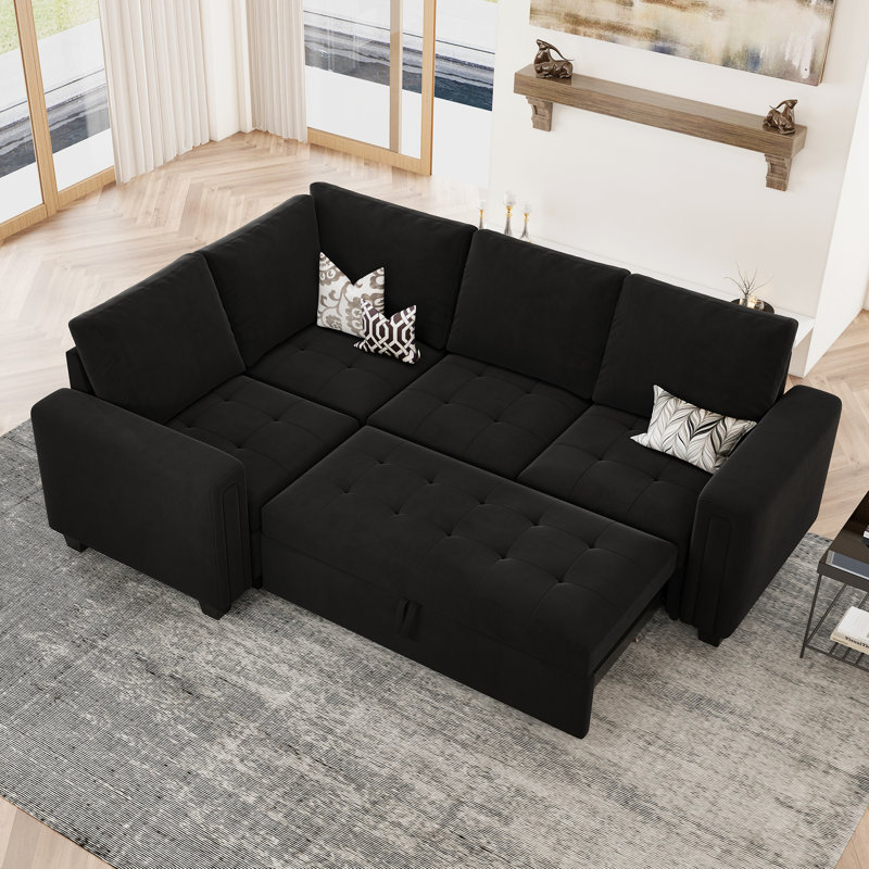 Shavera Velvet Modular Sectional L-Shaped Sleeper Sofa Bed For Apartment, Black Velvet