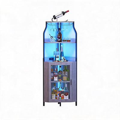 Bar d'angle avec portes, armoire à vin et à vin industrielle à 5 niveaux, meubles modernes avec tablettes réglables et lumières à DEL RVB, blanc