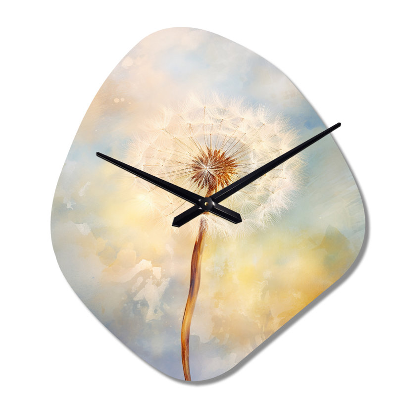 Keener White Dandelion Romantic Impression III - Dandelion Unique Shape Metal Wall Clock, White Asymmetrical Clock Print