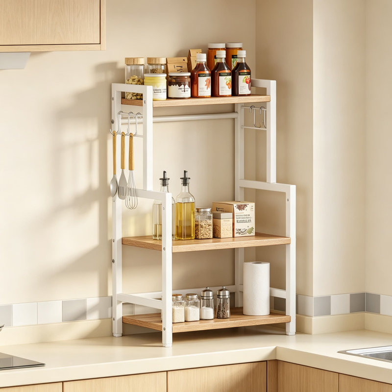 Organisateur de comptoir de cuisine, grand support à épices à 3 niveaux avec tablette et crochets réglables, support à micro-ondes en bois pour bar à café ou rangement de cuisine, tablette de style industriel robuste pour comptoir, café léger