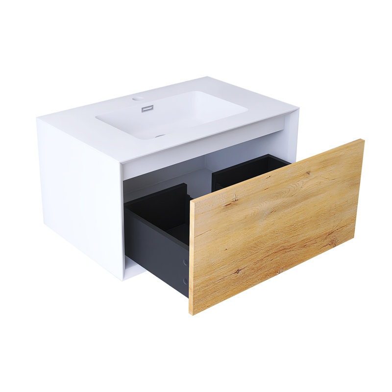 30 In. W Single Solid Surface Sink Wall Mounted Bath Vanity In Oak With Matt White