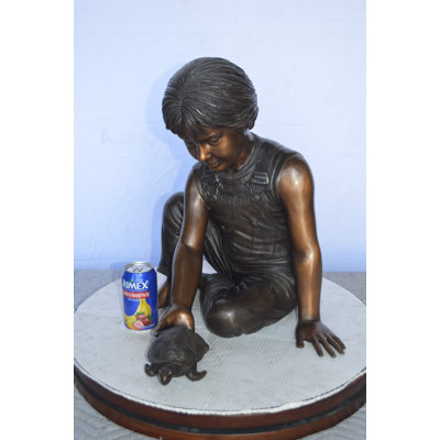 Boy Push Turtle Bronze Statue Fountain -  Size: 18"L x 20"W x 19"H.