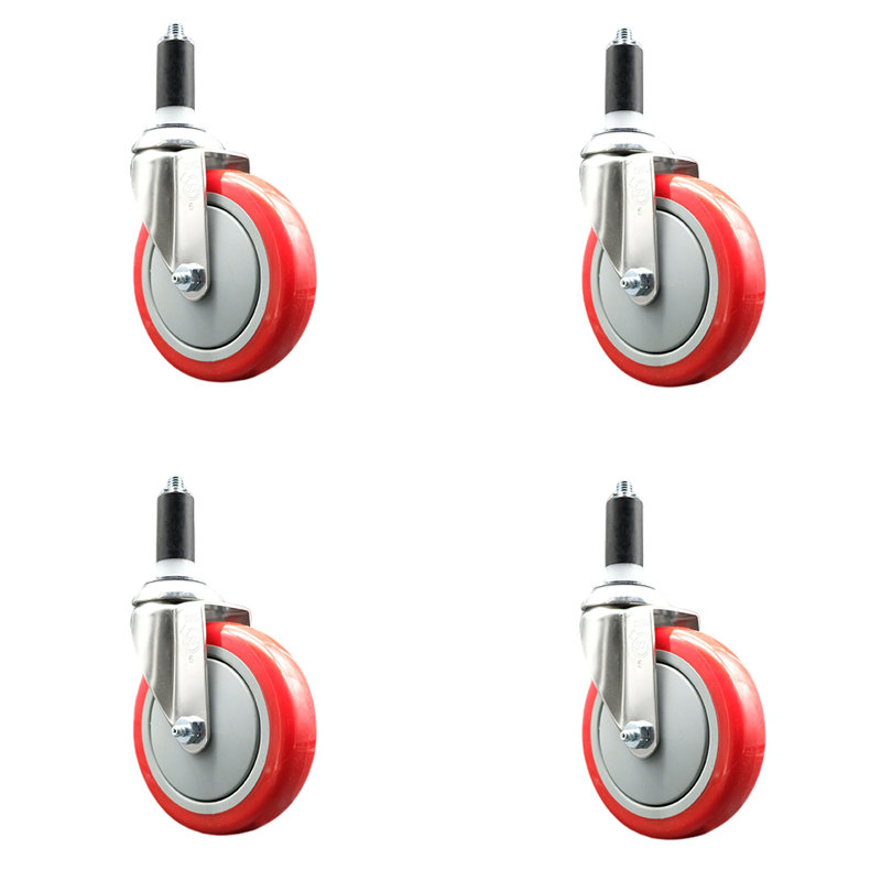 316SS Polyurethane Swivel 1- Expanding Stem Caster Set SCC, Red