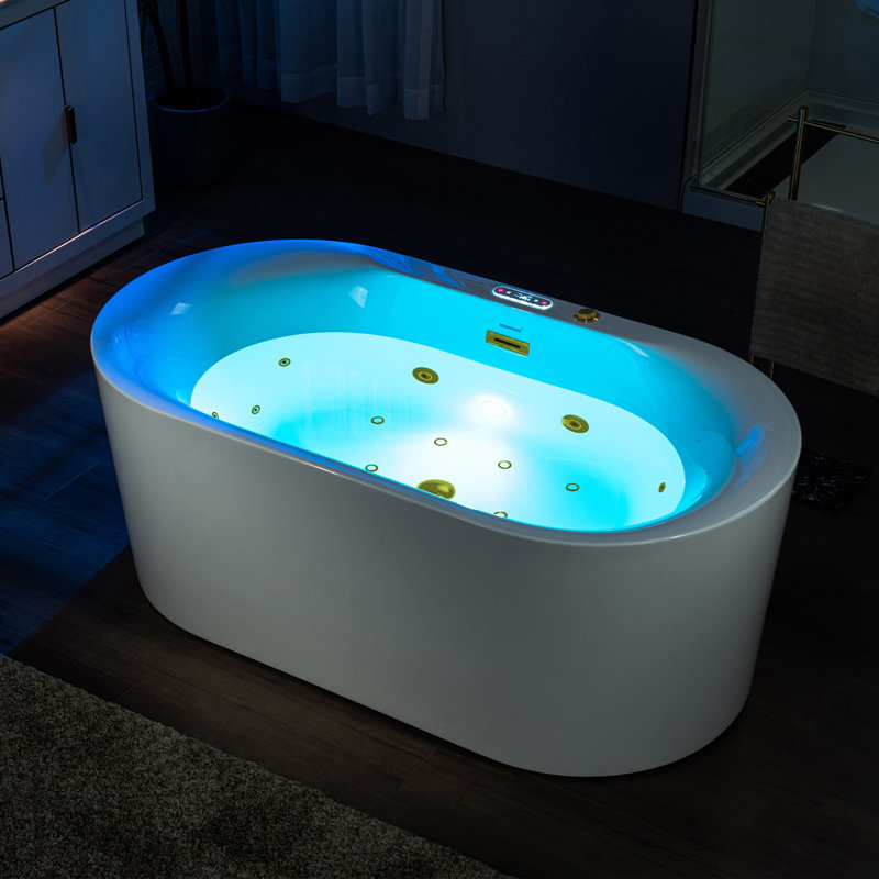 59" L x 31-1/2" W Whirlpool & Air Bubble Heated Freestanding Soaking Double Eened Bathtub with LED Control Panel, Chromatherapy