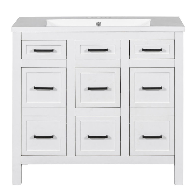 Armoire de meuble-lavabo moderne 48 po avec lavabo intégré en résine 4 tiroirs + 2 portes à fermeture en douceur Rangement résistant à l'eau pour la salle de bain et la salle de lavage Assemblage facile