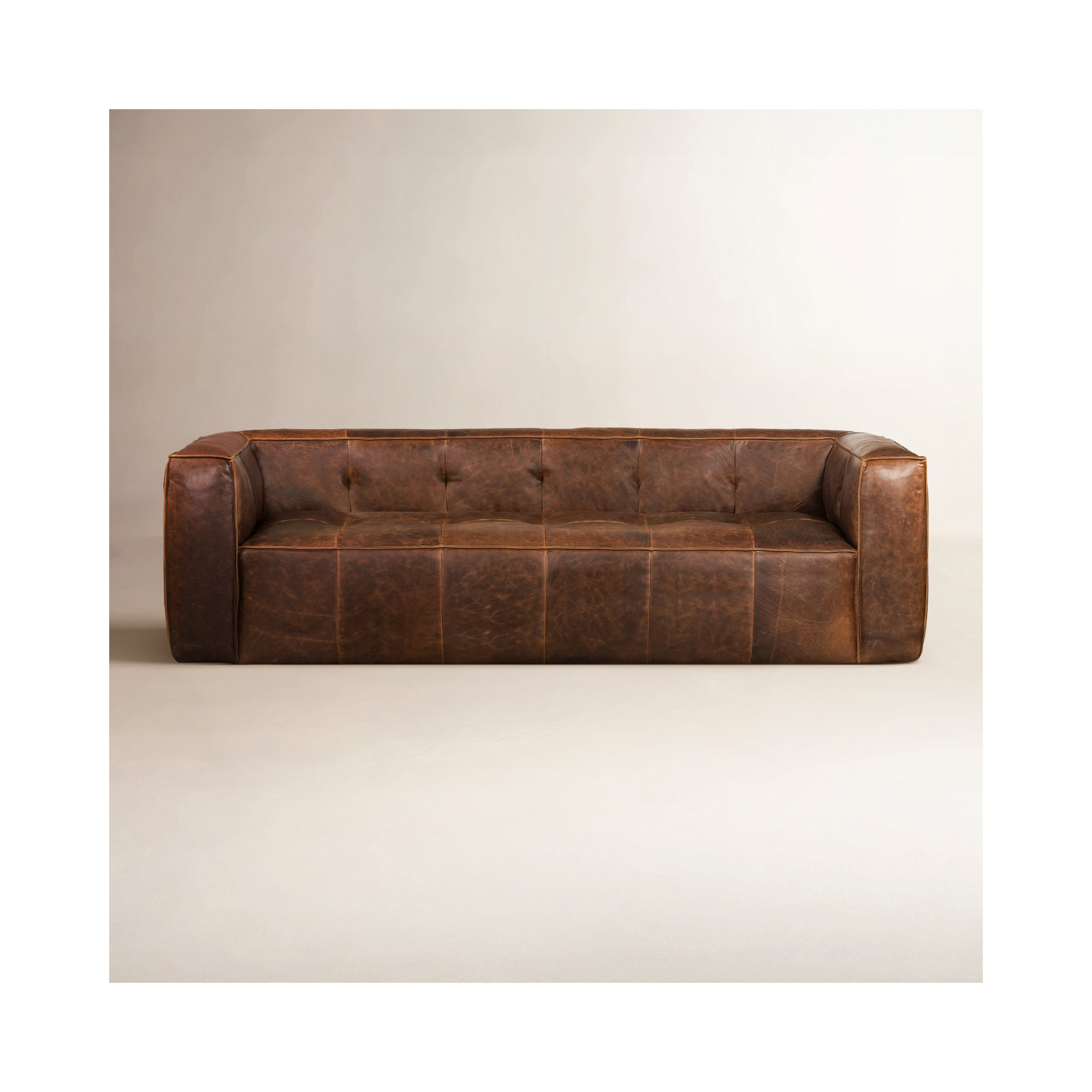  92'' Full-Grain Genuine Italian Leather Square Arm Sofa, Chocolate Brown Genuine Leather