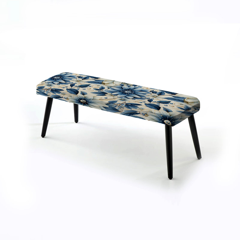 Botanical Upholstered Black Bench, White And Blue Chrysanthemum Tranquility