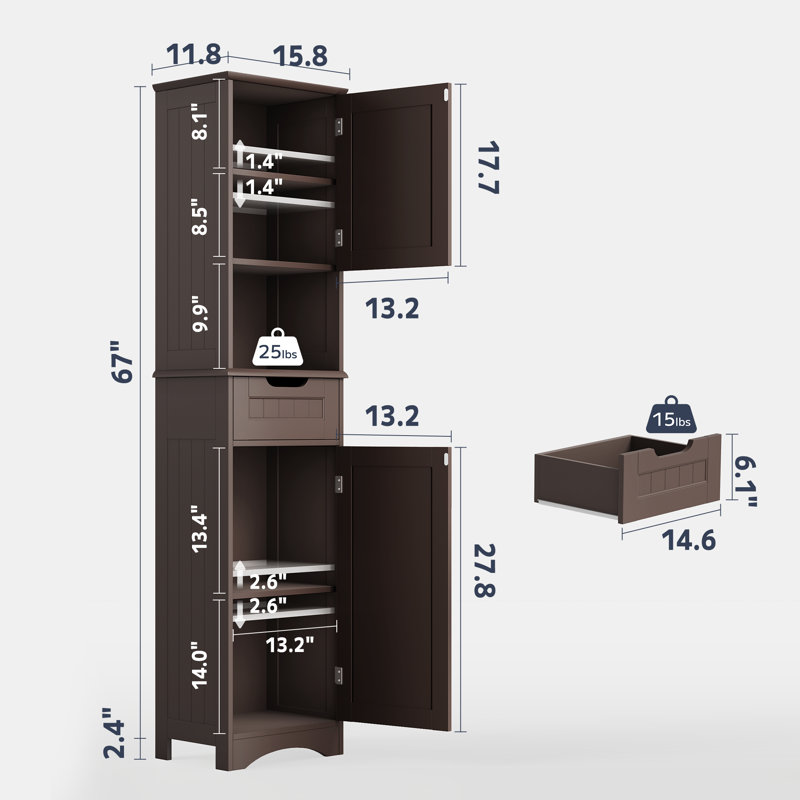 Freestanding Bathroom Storage, Tall Linen Cabinet with 2 Door and 1 Drawer, Adjustable Shelves, Brown, Brown