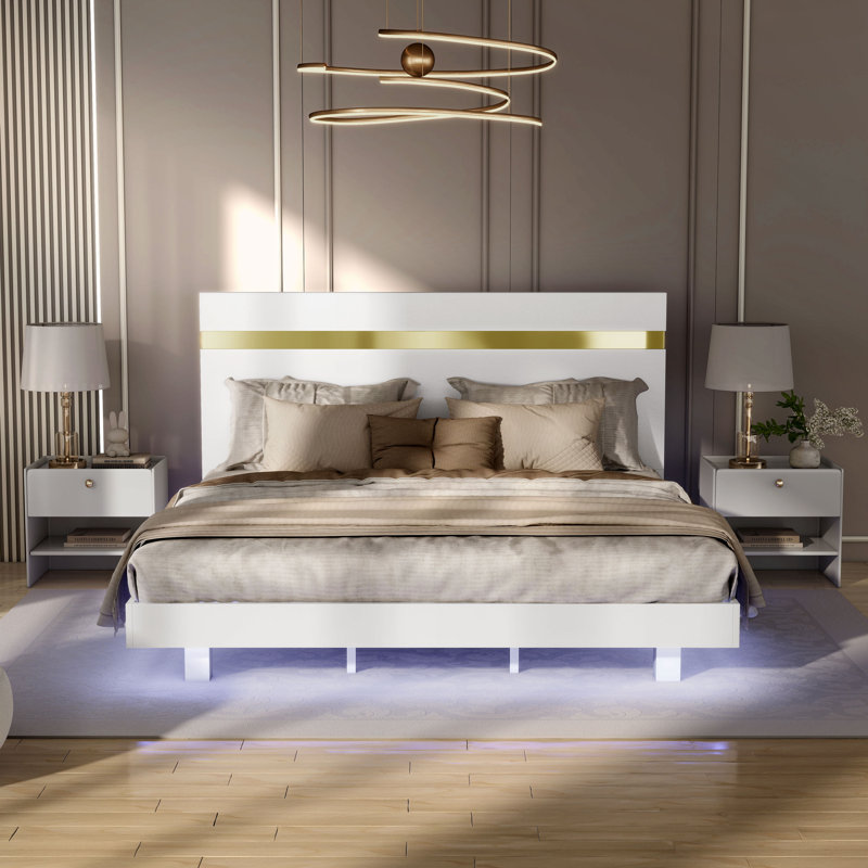 Clemson Platform Bed With Underbed Lighting, Queen, White