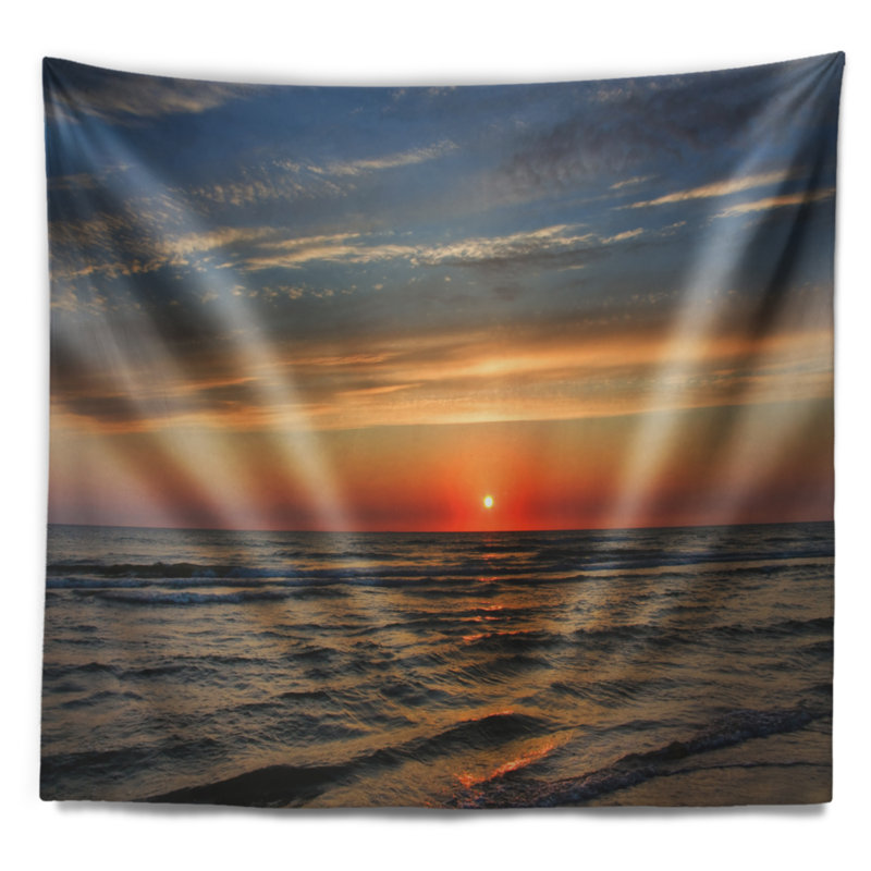 Tapisserie rouge coucher de soleil avec ondes de l’océan foncé seascape, H 32 po x l 39 po