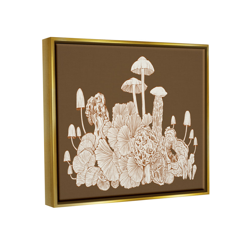 Croquis de champignon brun sur fond de forêt boho par Ziwei Li, H 17 po x l 21 po, Cadre flottant métallique doré