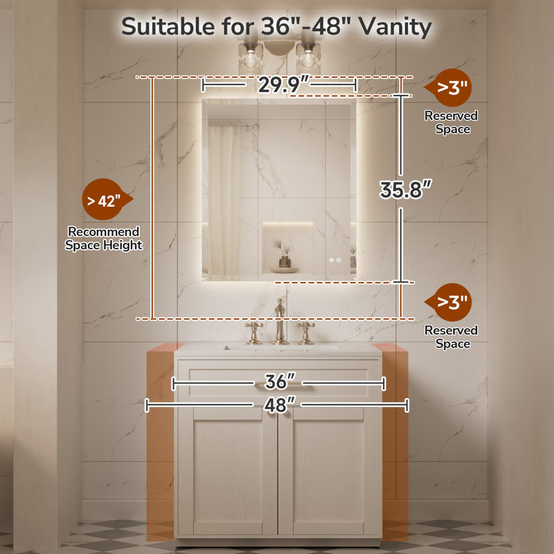 Beveled LED Backlit Bathroom Vanity Mirror, 36" x 30"