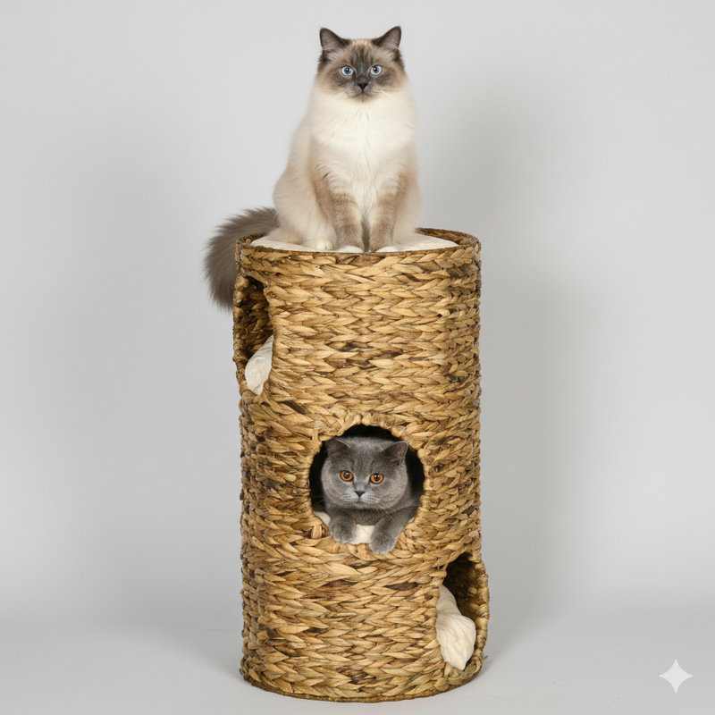 Lit surélevé pour chat avec trois cachettes dissimulées et quatre coussins moelleux moelleux, tour pour chat fabriquée avec des matériaux tissés à la main, grottes de couchage à plusieurs niveaux pour chatons