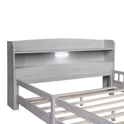 Lit plateforme en bois avec lumière à DEL intégrée, tête de lit et garde-corps, gris antique