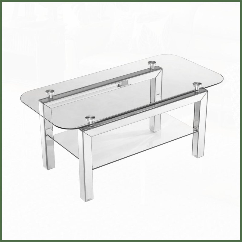 Table basse rectangulaire argentée avec pieds en miroir pour le salon, rangement à 2 niveaux Facile à nettoyer