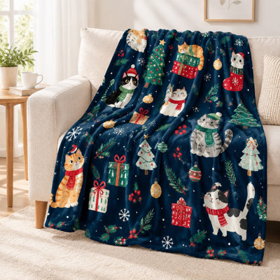 Couverture polaire à motif de chat de Noël (1 pièce) – Une face ; Douce et chaude ; Lavable à la machine ; Parfait pour la décoration et la détente à la maison ; Cadeau parfait pour les fêtes ; Entretien facile ; Design festif ; Convient pour la literie et le sofa