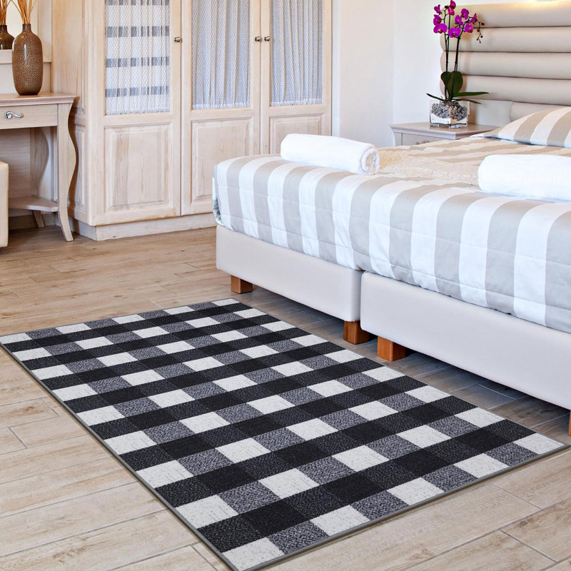 Non-Slip Checkered Plaid Area Rug For Living Room, Hallway Runner, Entryway Rug, Black/Gray/White, Rectangle 3'3" x 4'7"