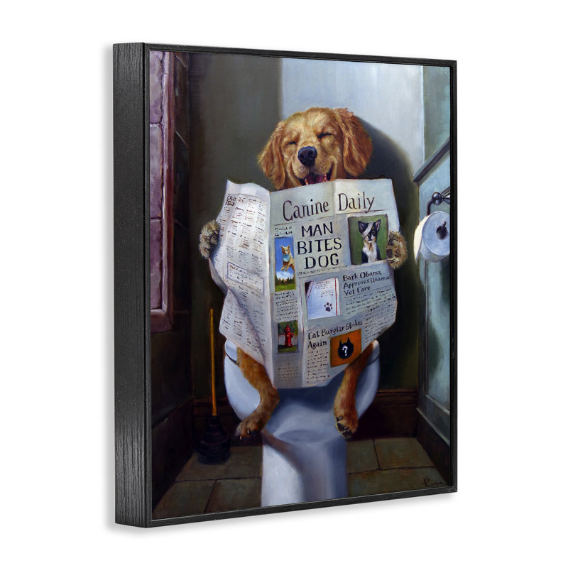 Chien lisant le journal sur une toilette, peinture noire encadrée par estampe numérique, art texturé par Lucia Heffernan