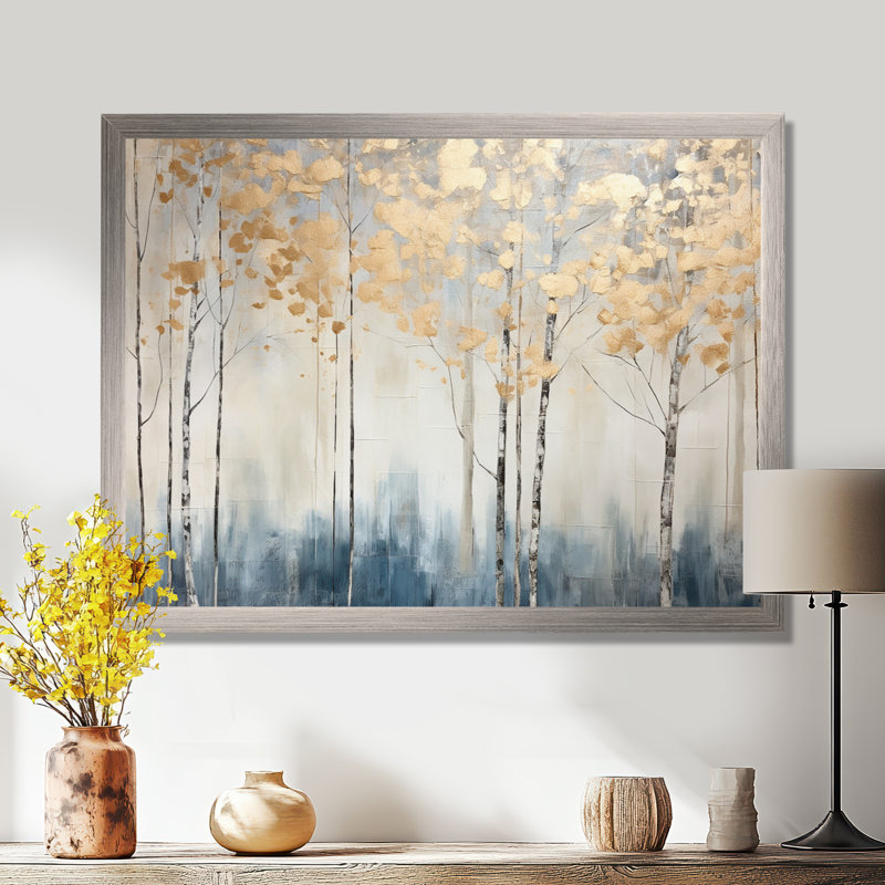 Minimalisme bleu et forêt dorée II - forêt, art mural, H 24 po x l 32 po x P 1 po, Cadre doré simple