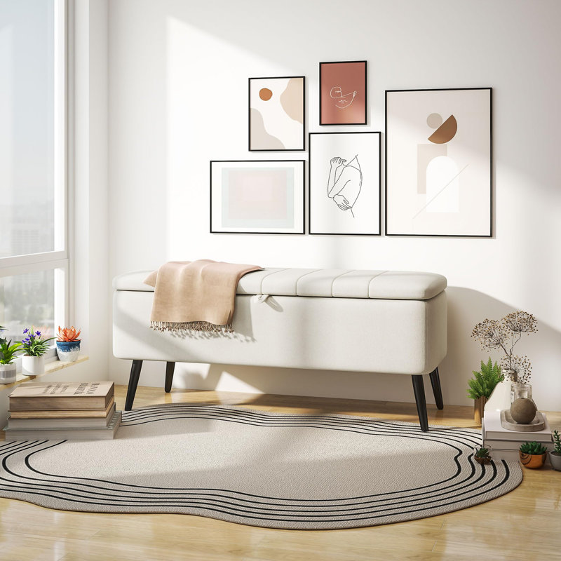 Polyester Upholstered Storage Bench, Cream White