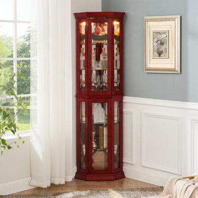 Lighted Corner Curio Cabinet - Glass Display Shelf With Tempered Glass Doors, Adjustable Shelving, And Included Bead Bulb - Ideal Bar Cabinet For Home Decor- Cherry