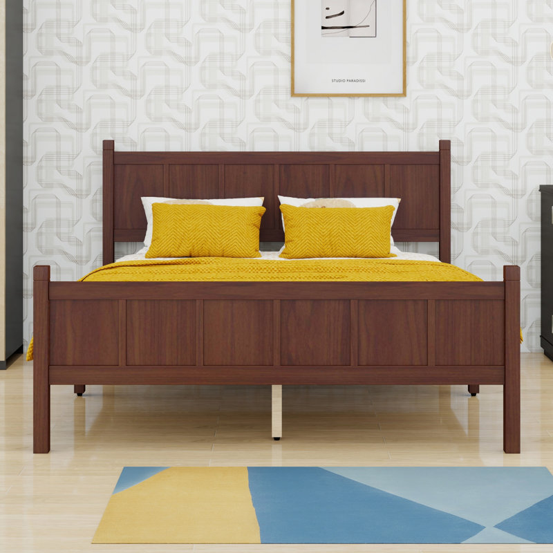 Lit plateforme à panneau plat avec tête et pied de lit, style campagnard minimaliste, Noyer foncé