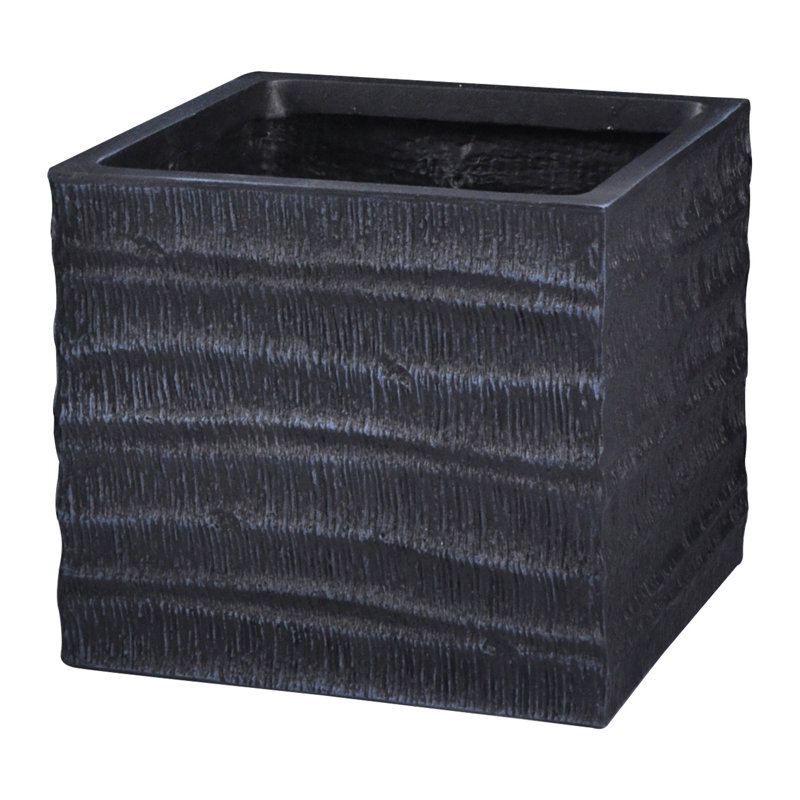 Concrete Effect Square Planter, Frostproof Outdoor Plant Pot, Garden Planter Box with Drainage Holes, Black Square Plant Pot with Straw Ribbed Pattern