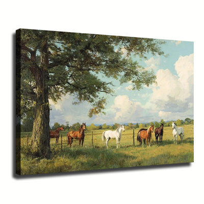 «Herd Of Horses Under Big Tree Summer Pasture», peinture à l'huile sur toile tendue pour grand salon, chambre à coucher
