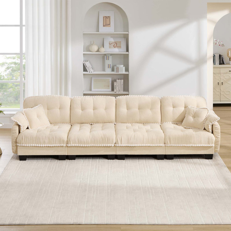 Canapé en chenille avec coussins matelassés et siège profond ergonomique, Chenille crème beige