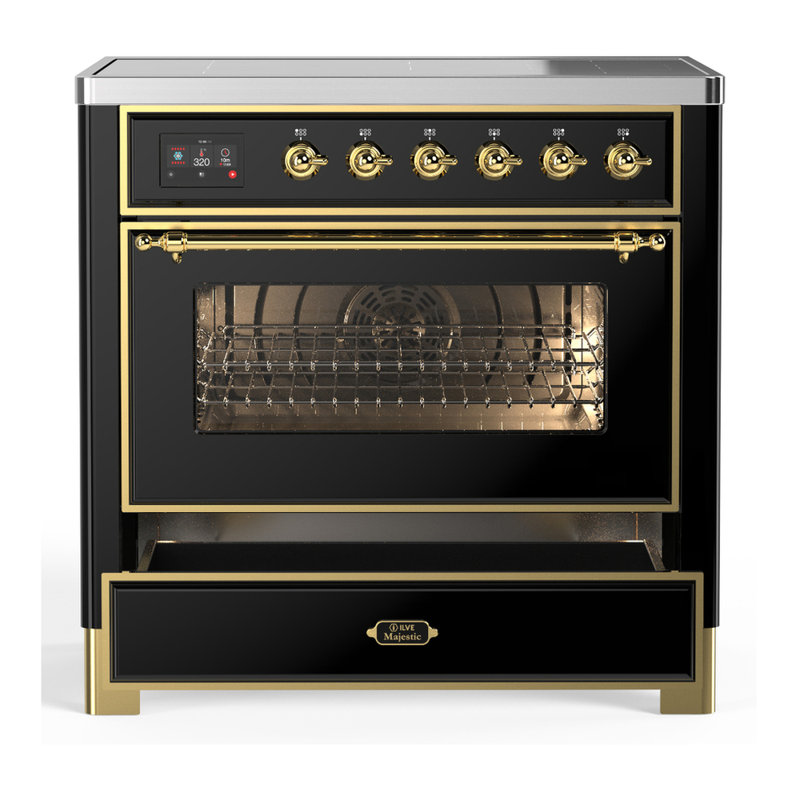 Cuisinière à induction 36 pouces avec 6 éléments à induction en noir brillant (garniture laiton) de la série Majestic III