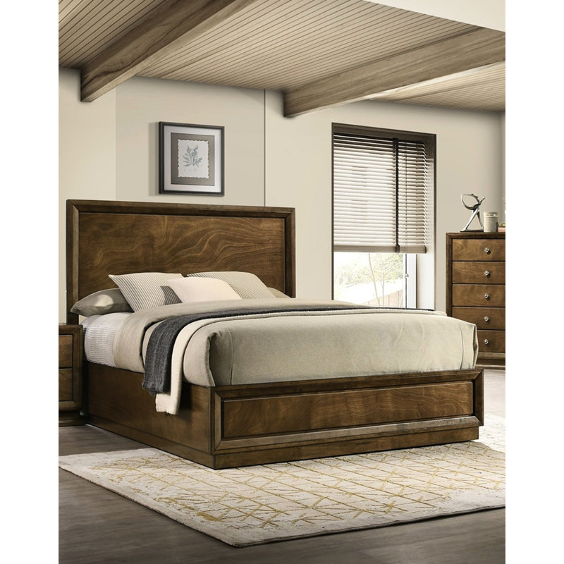 Lit double pour chambre à coucher, style transitionnel, cadre de lit en bois d'hévéa massif noyer, placage, bois d'ingénierie, pièce décorative de beauté, cadre de lit, bois