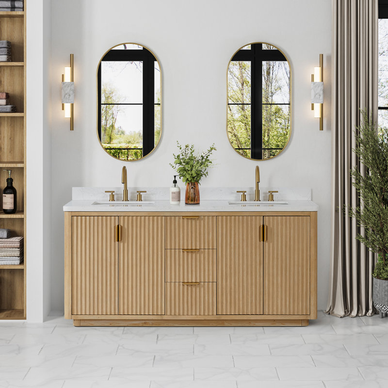 Ensemble de meuble-lavabo double 72 "Adela, Blanc, Doré, Brun