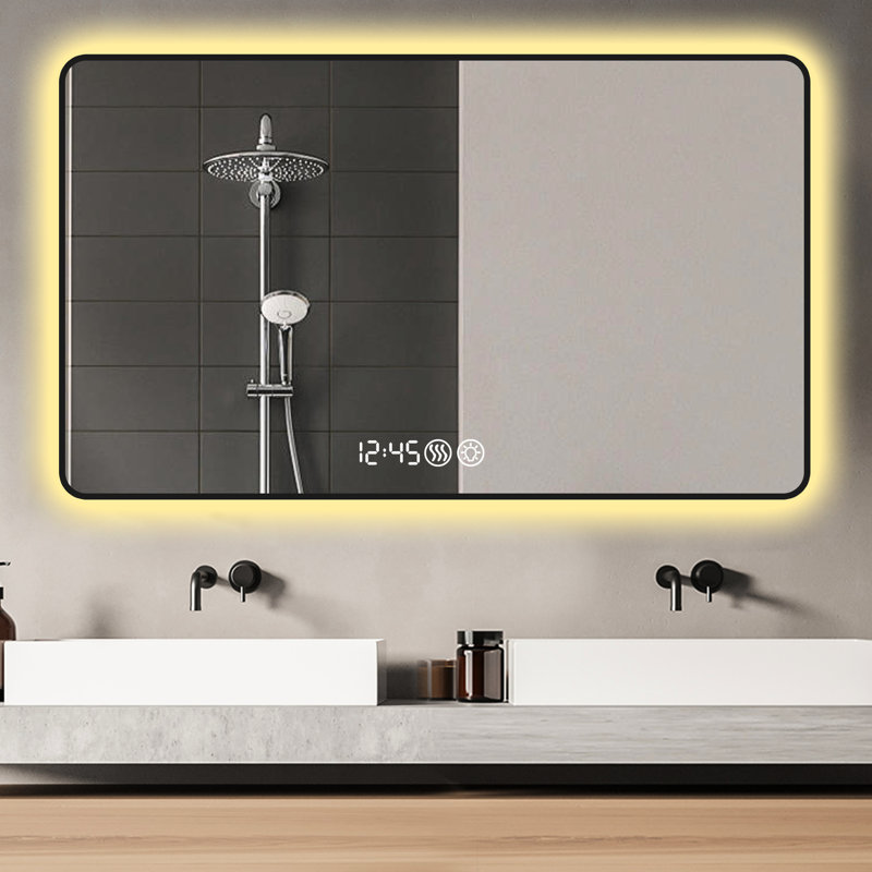 29x39 Bathroom Mirror With Black Aluminum Frame, Rounded Corners, Temperature And Time Display, Tri Color Led Lights Defogging Wall For Bathroom, Three - Lighting