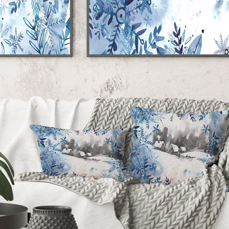Paysage d'hiver de Noël en bleu blanc et gris - coussin décoratif traditionnel imprimé
