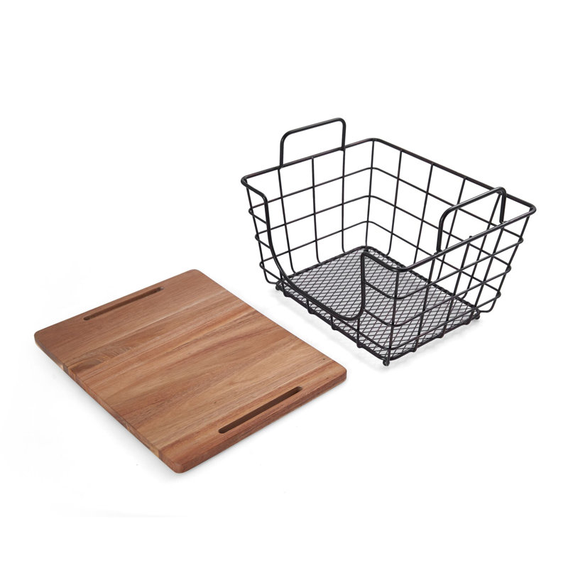 Gourmet Basics par Mikasa Madam Panier rectangulaire empilable / emboîtable en métal avec couvercle en acacia, noir antique