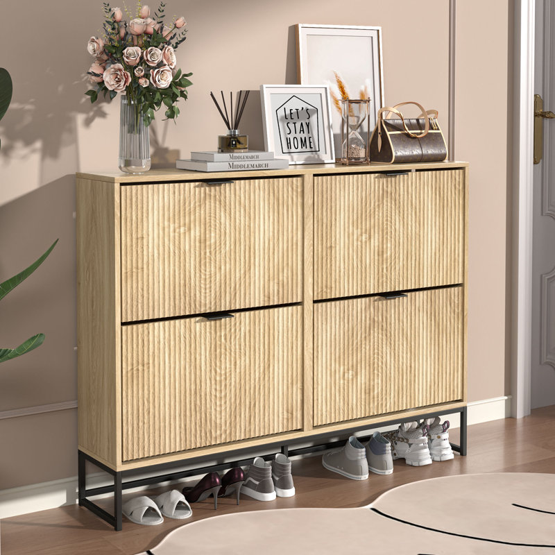 24 Pair Fluted Shoe Cabinet，with 4 Flip Drawers Shoe Storage Organizer Unit, Black/Gold