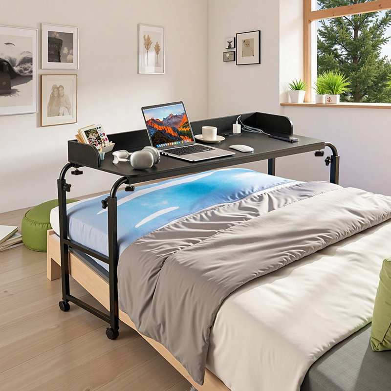 Overbed Table: A Black Beauty! Mobile Bedside Table with 4 Wheels (2 Braked), Power Socket, and Adjustable Height. Made of Particleboard—Perfect for Home, Office, and Study