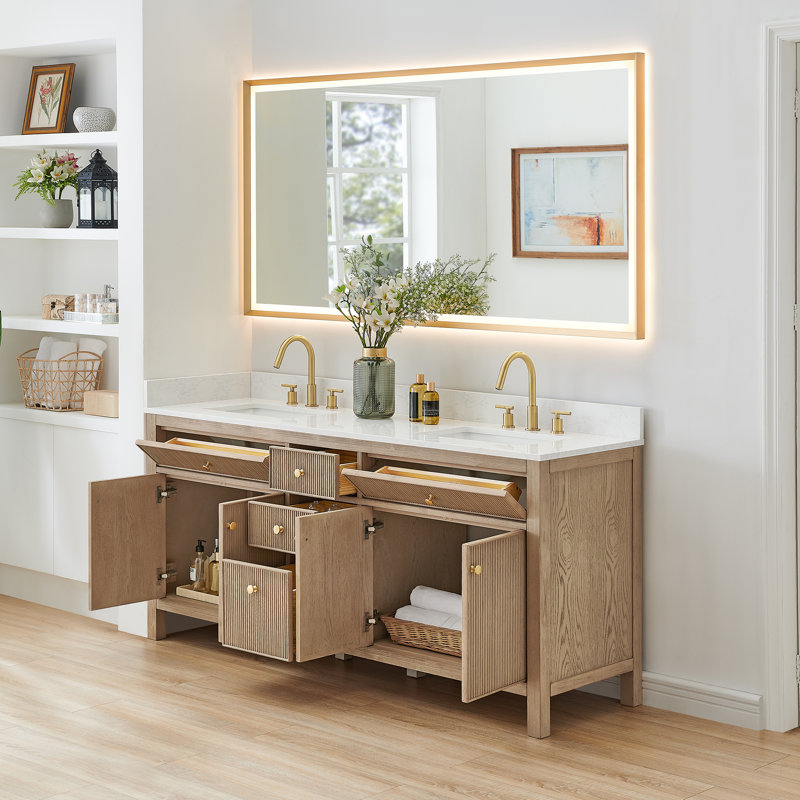 Meuble-lavabo double Lala de 72 po avec comptoir en pierre reconstituée blanche grainée et miroir, Chêne naturel